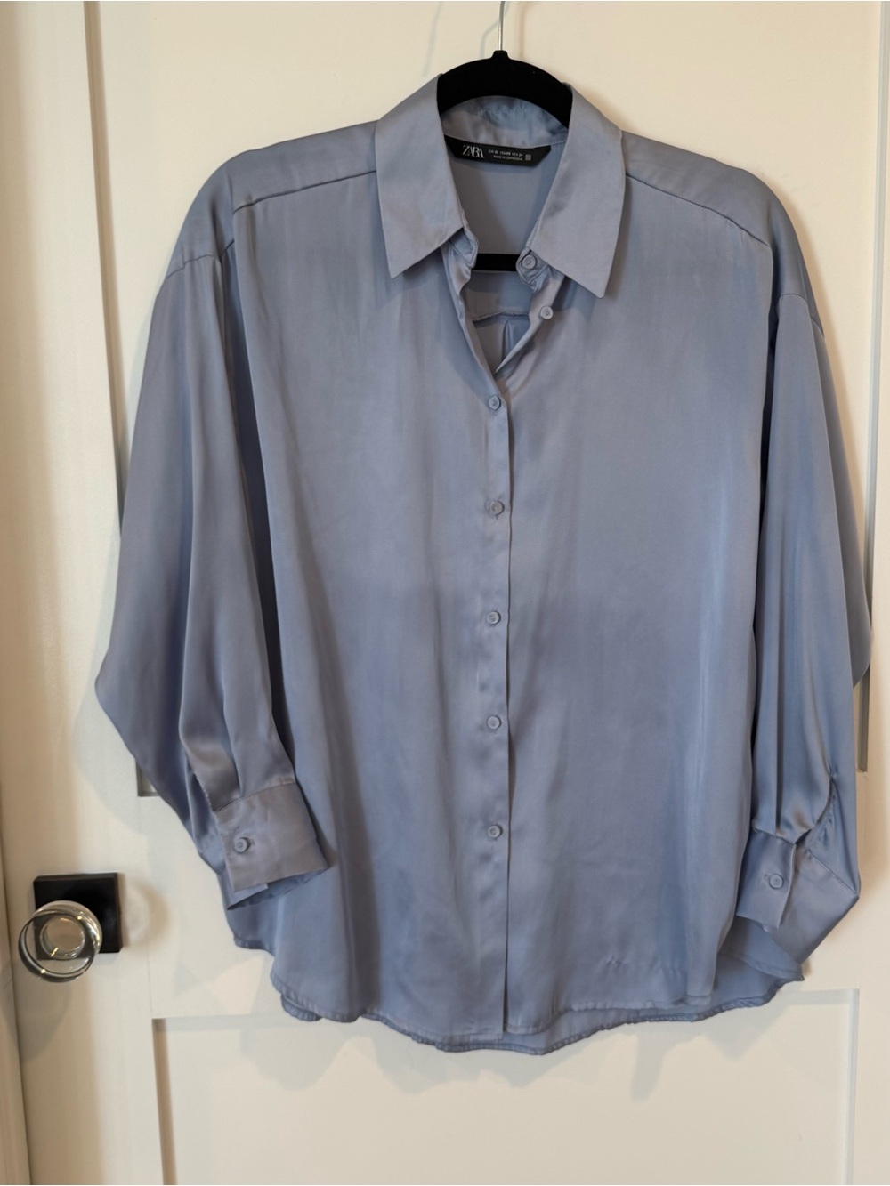 Zara Pale Blue Satin Button-Front Shirt